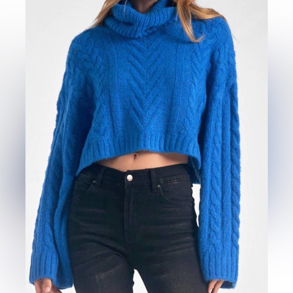 NWT Elan bright blue cable knit sweater with gold over neck Size L